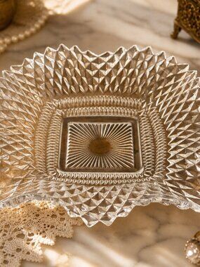 Vintage Cut Glass Candy Dish Trinket Tray Diamond Pattern Vanity Decor